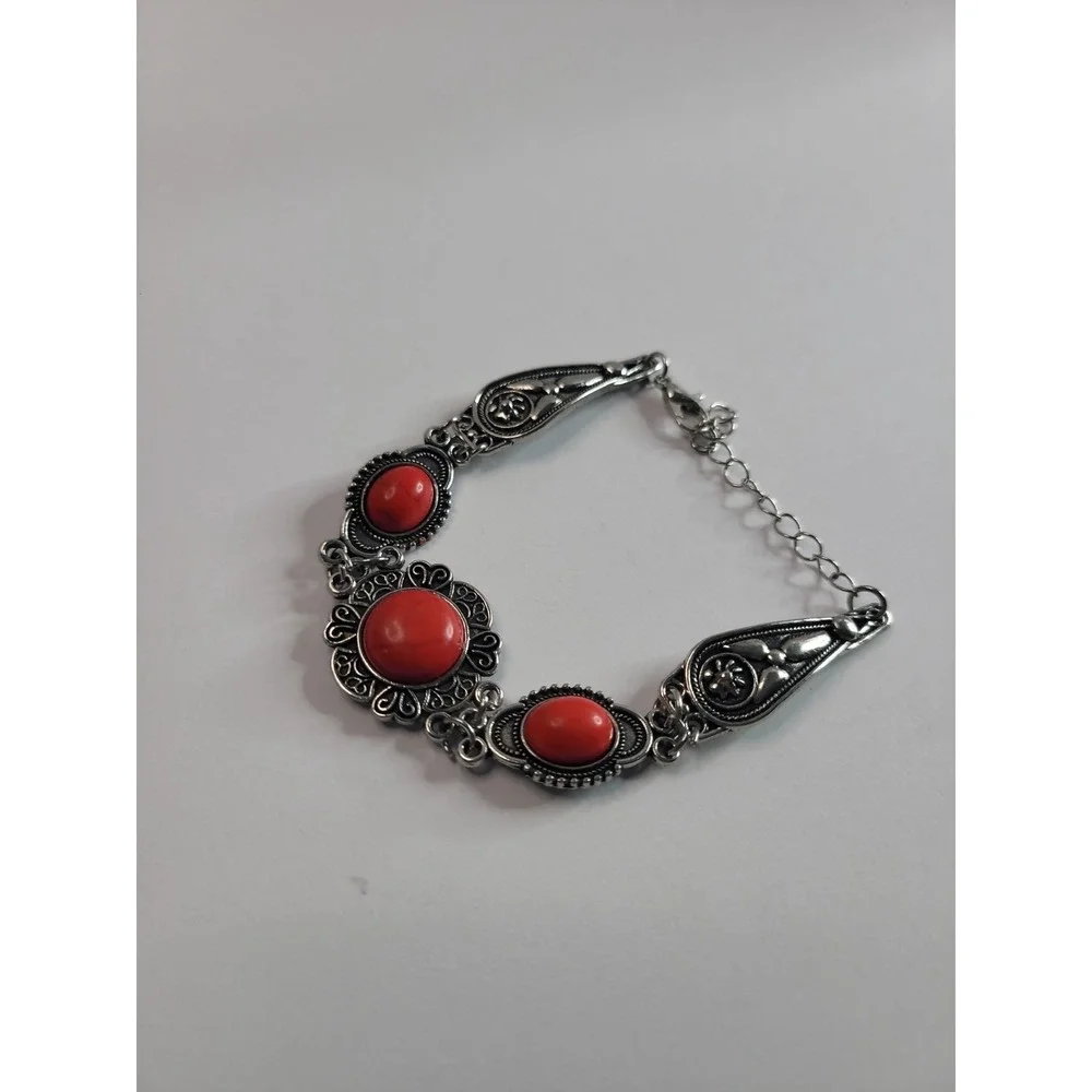 Silver Tone Red Cabochon Filigree Statement Bracelet Adjustable Boho